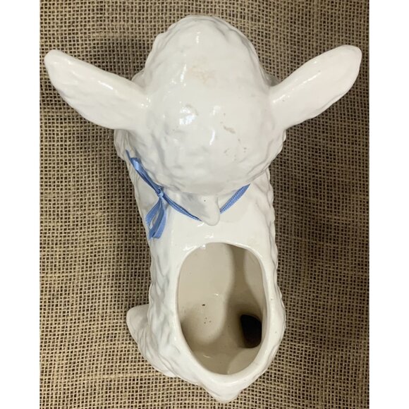 Vintage Ceramic Lamb Planter With Blue Bow & Pink Ears - Picture 6 of 7